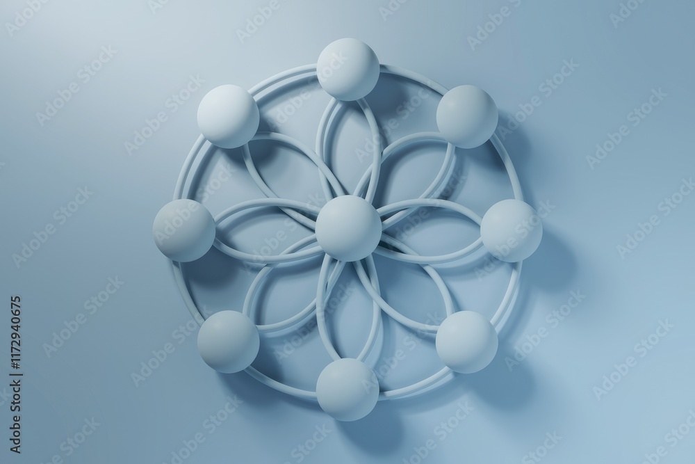 Poster Abstract 3D rendering of interconnected spheres forming a symmetrical pattern against a light blue background.