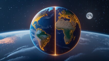Fototapeta premium Earth with glowing split line in space with moon in background