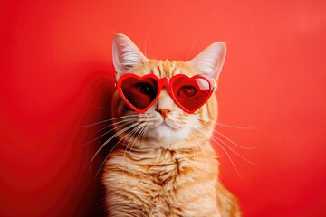 ginger cat wearing heart shaped red sunglasses, selfie like, red solid color background for Valentines. MZ