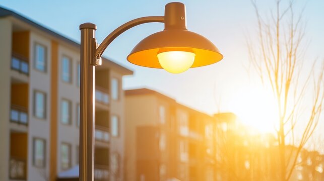 A street lamp illuminated against a backdrop of apartment buildings during sunset. - Powered by Adobe