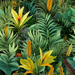 Fototapeta premium Dense tropical leaf pattern with yellow accents.