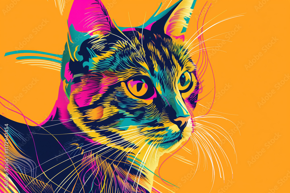 Aufkleber an artistic line art of a cat with bold, contrasting colors creating a striking visual impact.