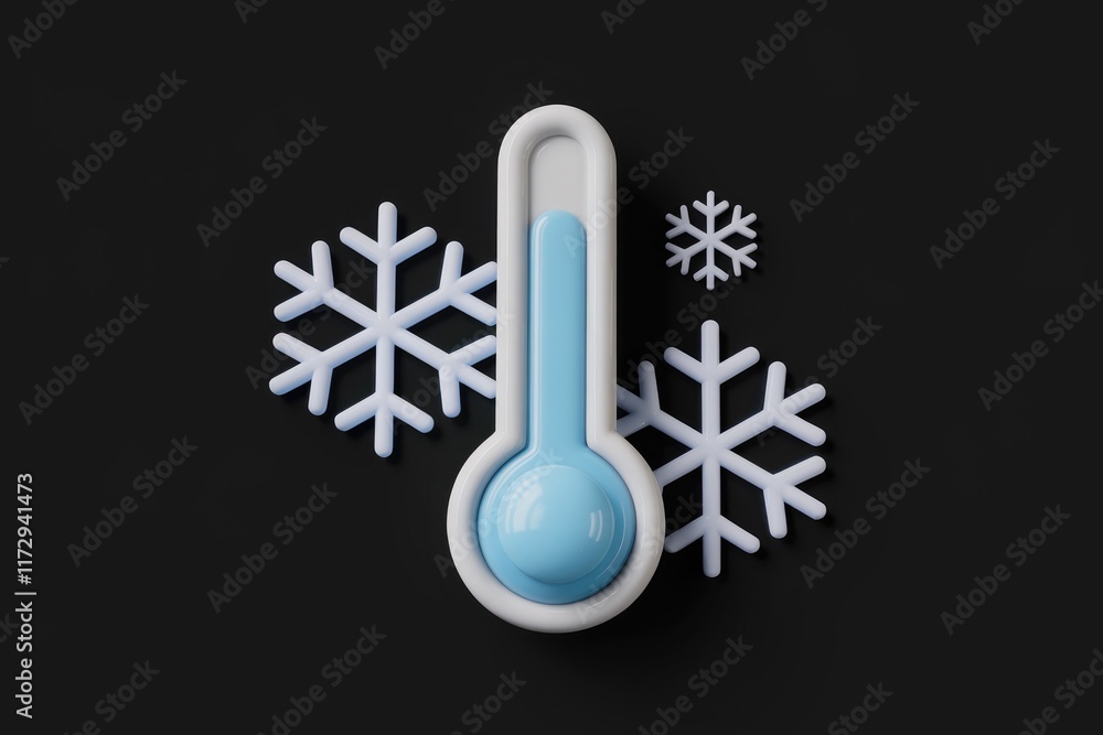 Poster a 3d rendering of a thermometer showing low temperature, surrounded by snowflakes, indicating cold w