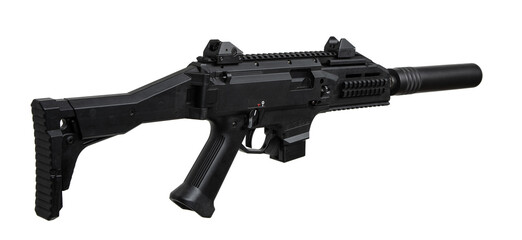 A modern black PCC (Pistol Caliber Carbine) with a suppressor, tactical rails, and adjustable...