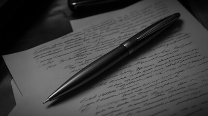 A close-up of a ballpoint pen, with a smooth, sleek design, placed on top of a document awaiting review.