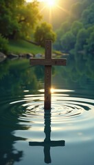 Naklejka premium Ripples on a lake surface with upright wooden cross, tranquility, spirituality, nature