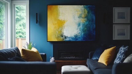 A cozy living room featuring an abstract painting and comfortable seating.