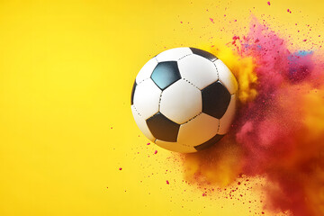 Naklejka premium Soccer Ball with Colorful Powder Explosion on Yellow Background