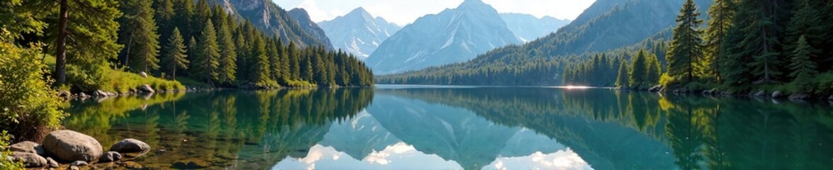 Obraz premium Rocky peaks reflected in serene forest lake near rusty fence, woods, lake, foliage