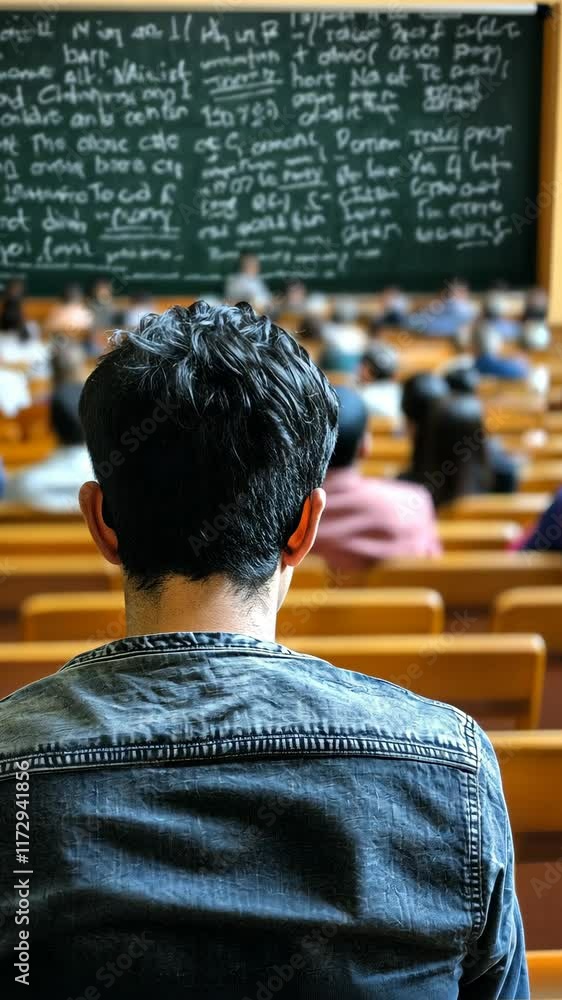 Poster student engages in lecture at university, focused on learning from the professor in the classroom se