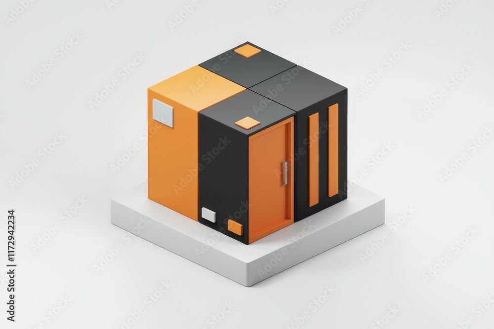 Poster Abstract 3D model of a cube with orange and black panels, showing a minimalist design.
