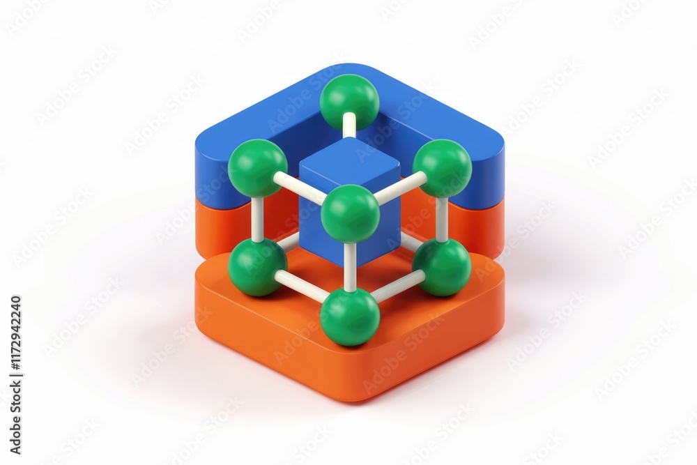 Poster 3D model of a cube with interconnected spheres, representing network connectivity or data structure.