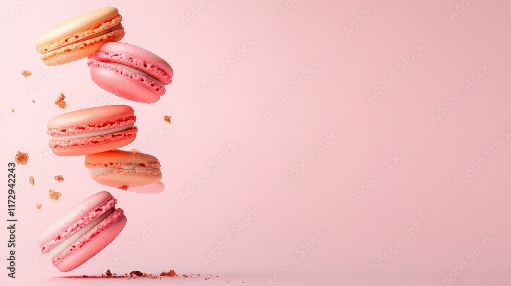 Poster five colorful macarons falling gracefully against a pink background, scattering crumbs and creating 