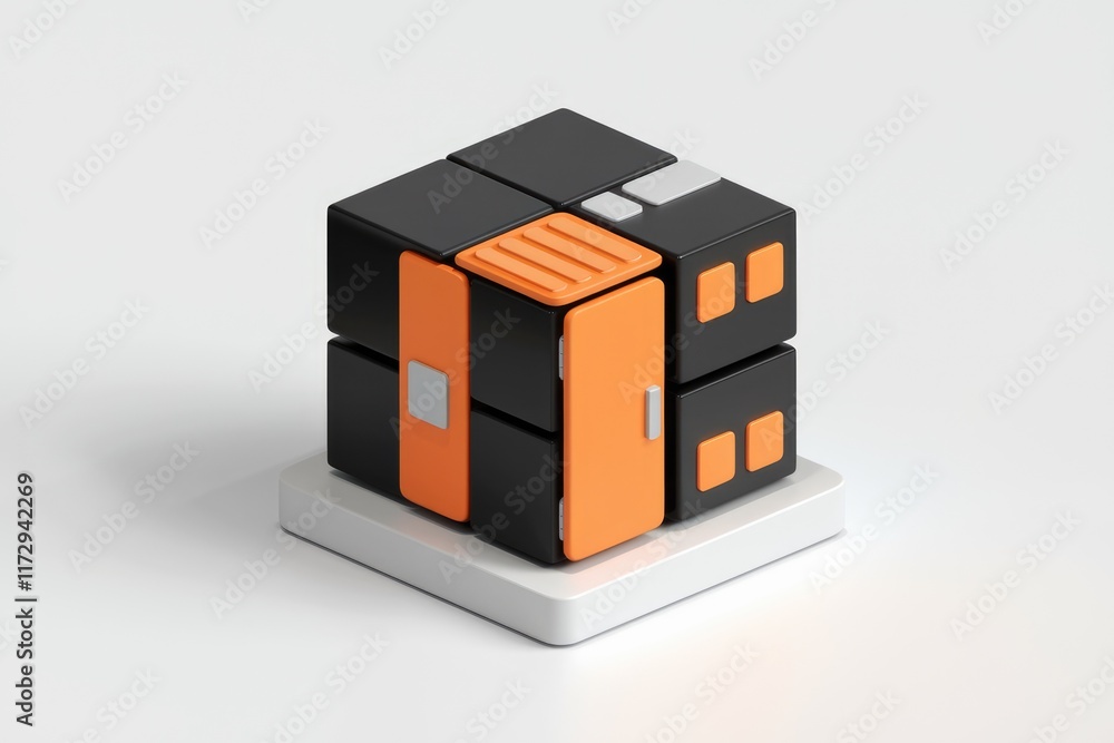 Poster A 3D render of a cube puzzle with black, orange, and gray elements arranged in a unique configuration.