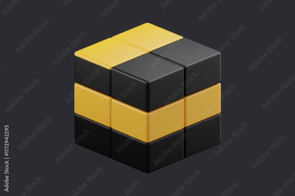 Leinwandbilder A 3D rendering of a cube composed of smaller black and yellow cubes, creating a visually interesting pattern.