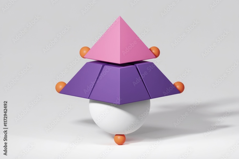 Poster abstract 3d geometric art featuring pink and purple pyramids balanced on a white sphere with orange 