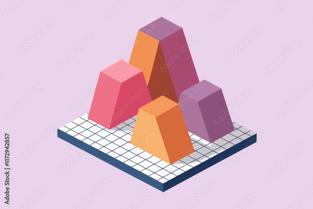 Poster Isometric illustration of colorful 3D geometric shapes forming a data visualization chart.