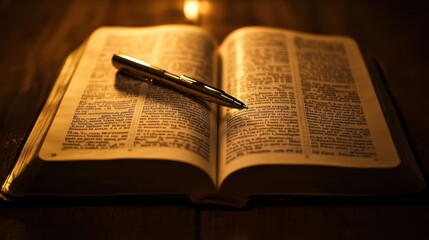 Obraz premium A close-up of a pen laying on top of an open book, with the pages turning gently in the background, symbolizing knowledge.