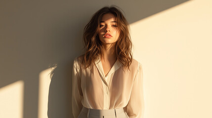 woman with long hair stands against light wall, wearing sheer blouse and high waisted pants, illuminated by soft sunlight, creating serene atmosphere.