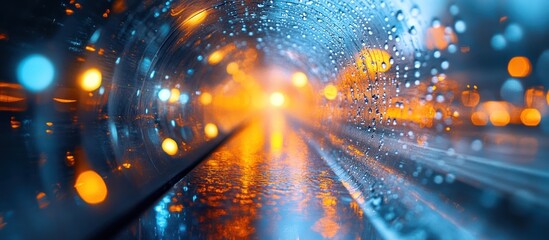 Obraz premium Rain drops on a car window with city lights in the background.