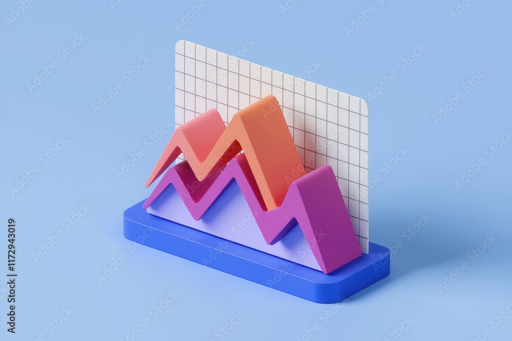 Poster a 3d illustration showcasing upward trending growth represented by colorful, layered zig-zag lines o