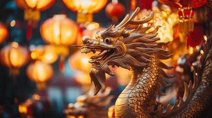 Fototapeta premium Golden dragon statue, illuminated by lanterns, festive atmosphere.