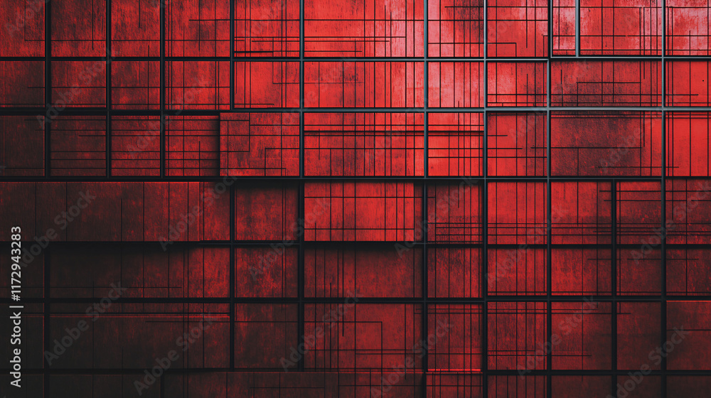 Poster a minimal grid texture design featuring deep red hues and black accents, set against a clean backgro