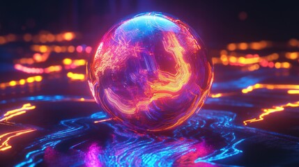 Abstract sphere with vibrant colors and glowing patterns on a reflective surface.