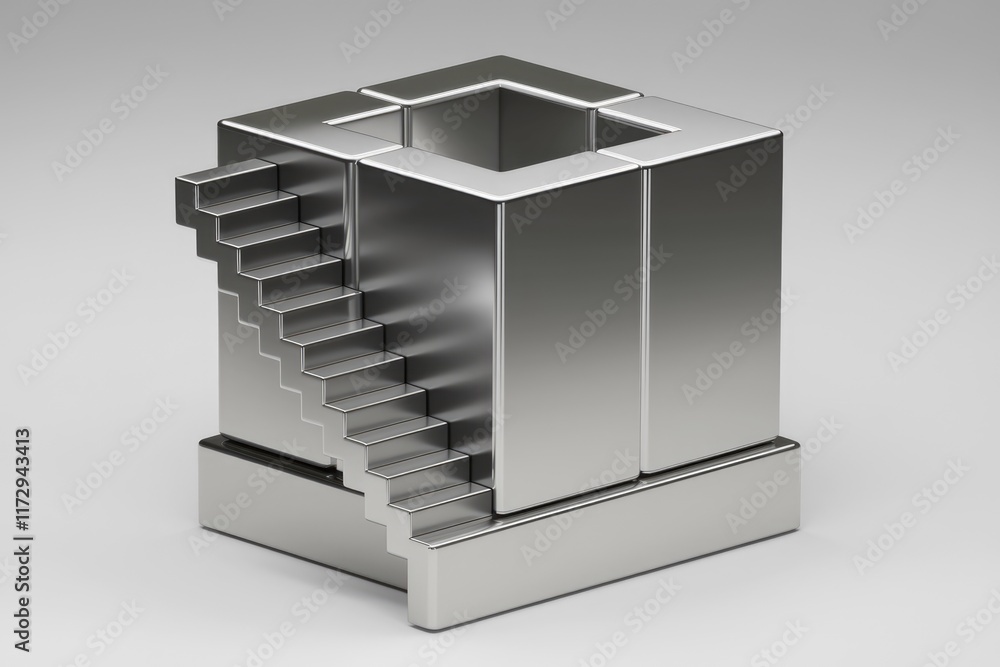 Poster A metallic cube with an external staircase leading to an empty interior space.