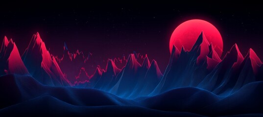 Neon Landscape, Retro Futuristic Mountainscape under a Red Moon. Synthwave Style Gradient, Blue, Red