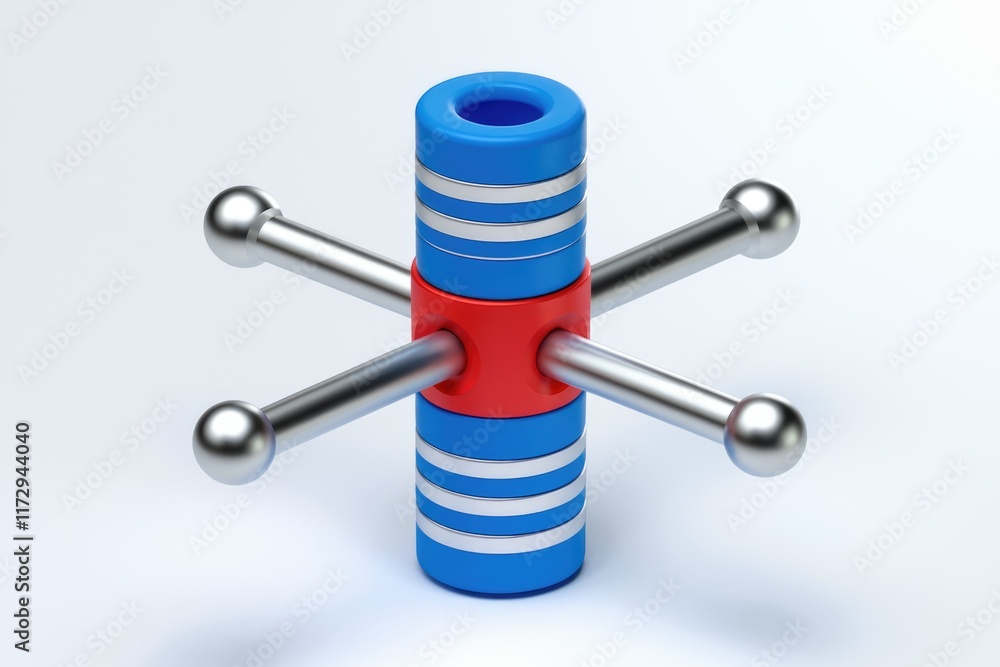 Poster Abstract 3D rendering of a blue and red cylindrical structure with four silver arms.