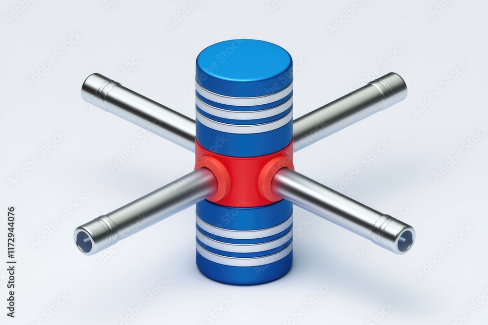 Poster Abstract 3D model of a cylindrical object with four metallic arms connected to a red ring.