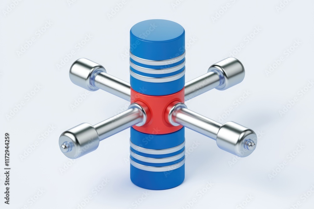 Poster Abstract 3D rendering of a blue and red cylindrical structure with four metallic arms.