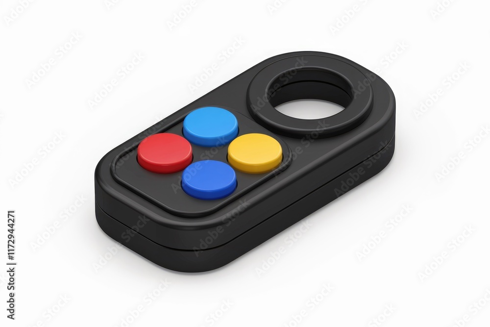 Poster a black four-button handheld device with a finger ring, possibly a toy or controller.