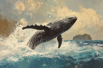 Obraz premium Majestic whale breaching waves under dramatic sky, showcasing na