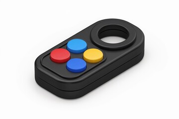 A black four-button handheld device with a finger ring, possibly a toy or controller.