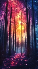 Enchanted Autumn Forest Path Glowing in Vibrant Fairytale Scenery   Mystical and dreamy landscape with a winding trail through a misty colorful forest bathed in warm