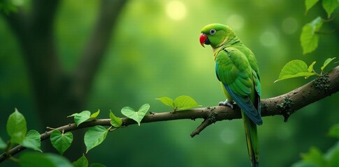 Obraz premium Vines entwined elegant green parrot sits serene majestic on tree branch, serene, green, forest