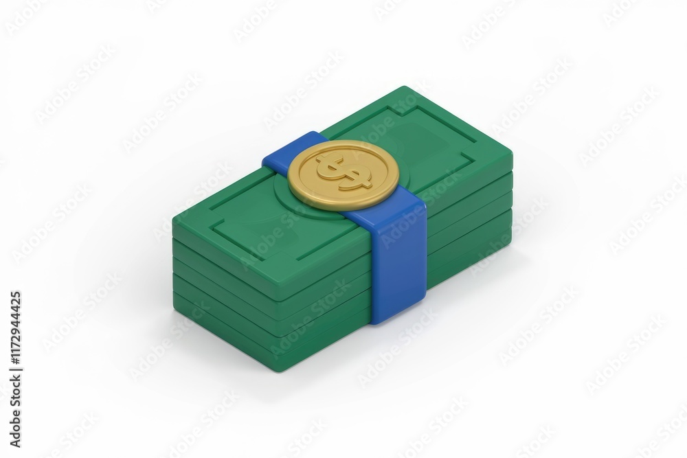 Poster a 3d rendering of a stack of green banknotes secured with a blue band and a gold dollar coin.