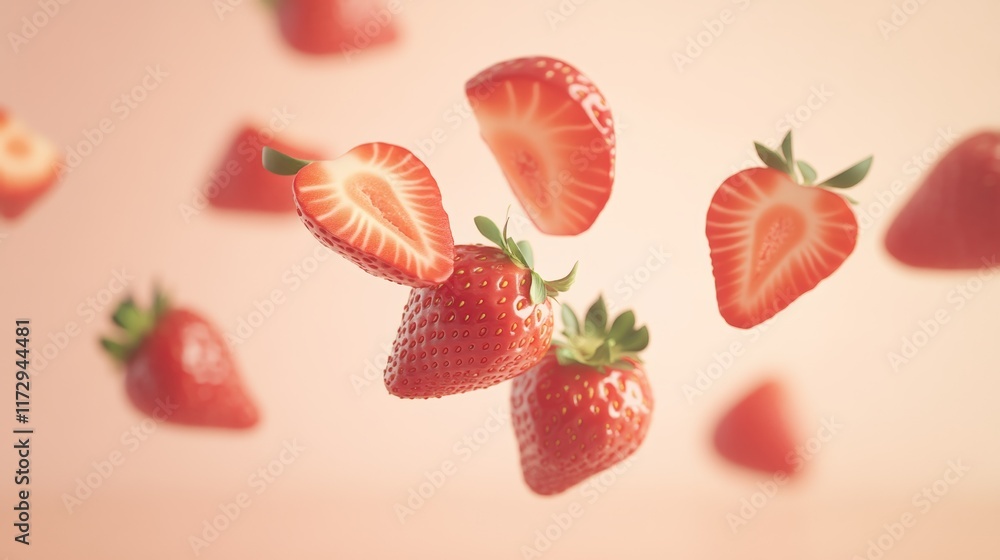 Poster ripe strawberries and fresh strawberry slices levitating against a soft pastel background, creating 