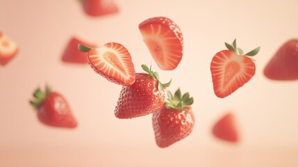 Ripe strawberries and fresh strawberry slices levitating against a soft pastel background, creating a vibrant and refreshing scene full of sweet, juicy summer flavors
