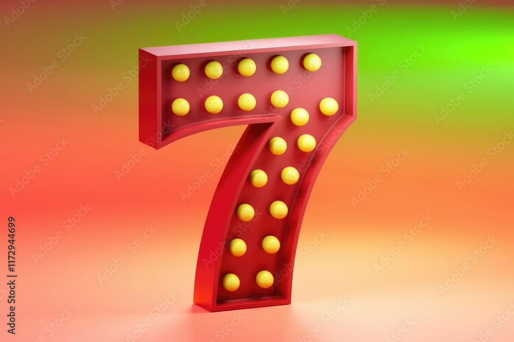 Aufkleber a 3d rendering of a red number seven with yellow bulbs, against a vibrant gradient background.