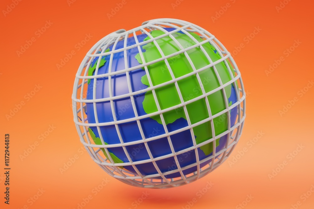 Poster A stylized globe encased in a grid, symbolizing global challenges and interconnectedness.