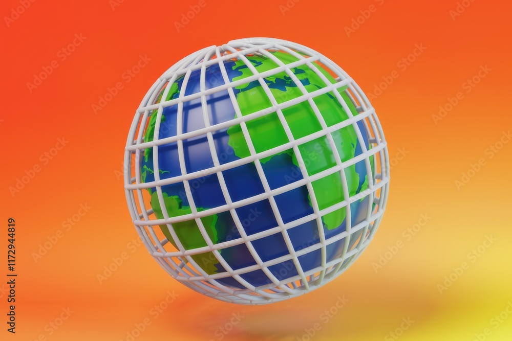 Poster A 3D render of Earth enclosed in a white grid, symbolizing global challenges and interconnectedness.