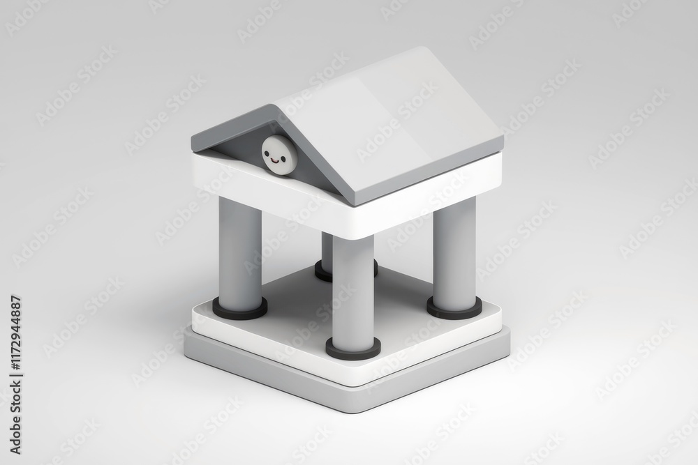 Poster a minimalist 3d model of a cute temple with a smiling face in the pediment.