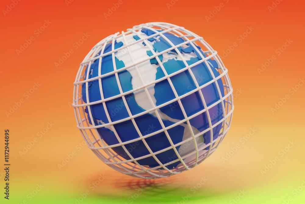 Poster A 3D rendered globe enclosed in a white grid, symbolizing global connection and protection.