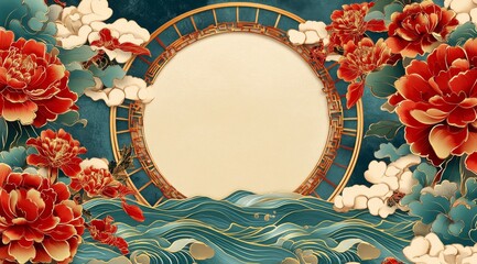 Luxurious Festive Background with Red, Gold, and Floral Elegance, and free space.