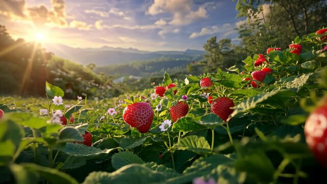 Strawberry fields basking in the golden glow of sunrise with mountains in the background