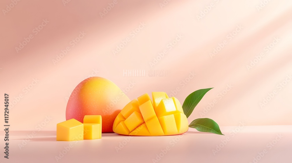 Poster Whole mango fruit and a sliced mango with its green leaves are levitating on a minimal pink background with window light creating a summer feeling