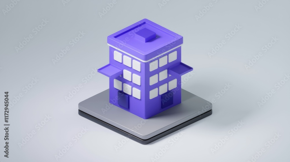 Poster A minimalist 3D rendering of a purple building with white windows, showcasing modern architectural design.